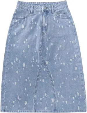 Women's Denim Skirt High Waist Distressed Fashion A-Line Midi Jean Skirt