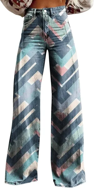 Womens Flare Jeans Wide Leg Pant Vintage Floral Printed High Waisted Straight Stretch Pants Colorful Trouser Jeans