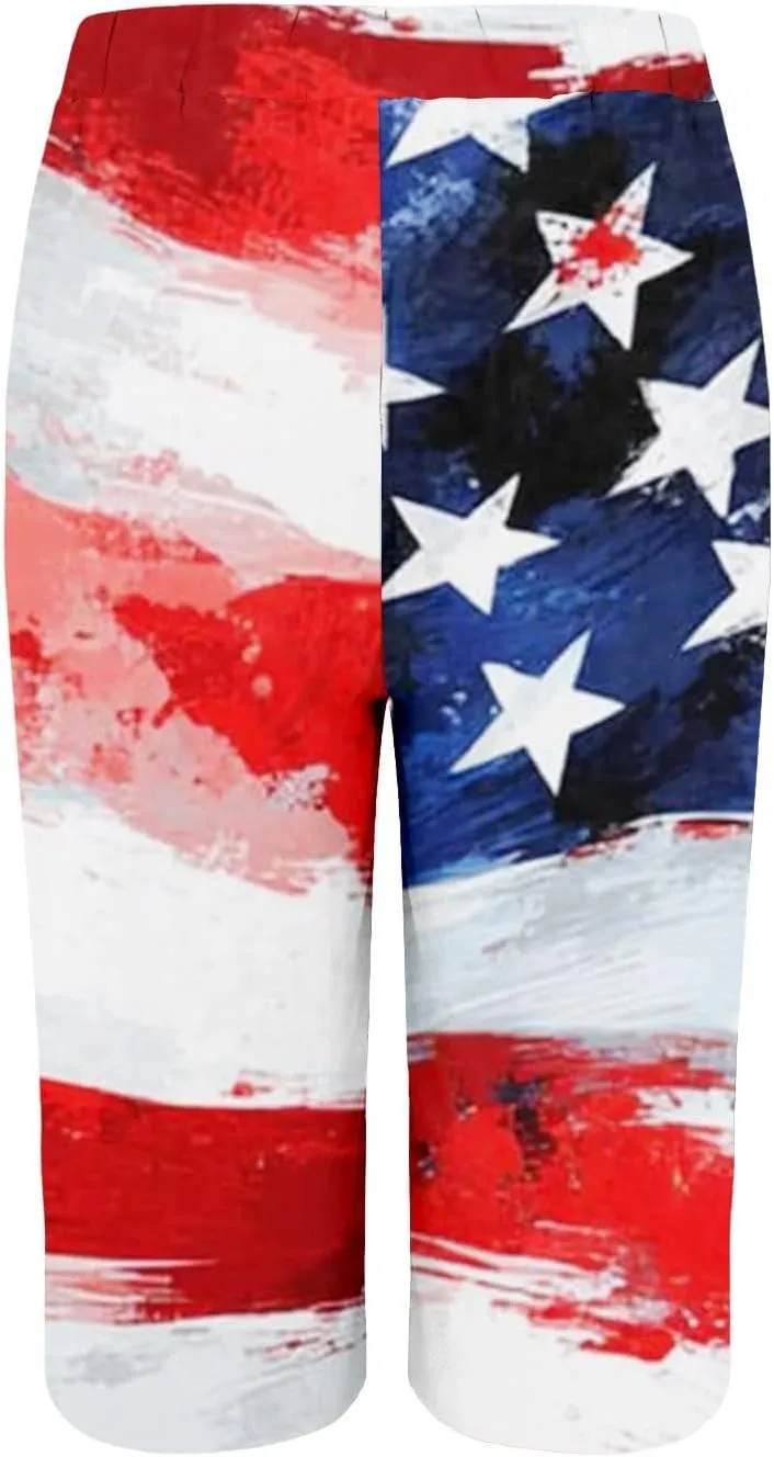 Womens High Waist Bermuda Shorts 4th of July Loose Capri Pants with Pocket, American Flag Print Wide Leg Summer Shorts