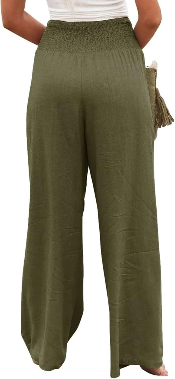 Womens Linen Palazzo Pants Lightweight High Waisted Wide Leg Pant Lounge Flowy Summer Boho Vacation Beach Pant Trousers