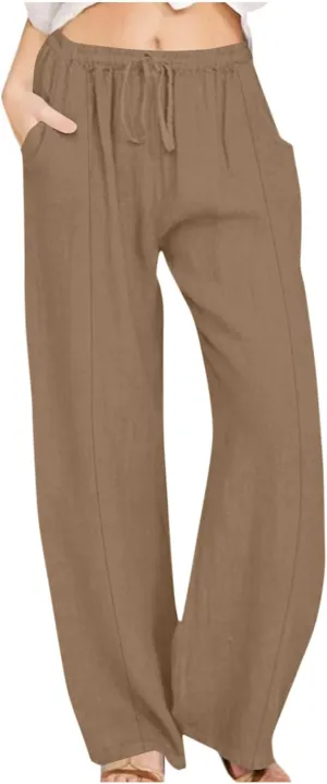 Womens Linen Pants Dressy Lightweight Drawstring High Waisted Pants Casual Lounge Pants Trousers with Pockets