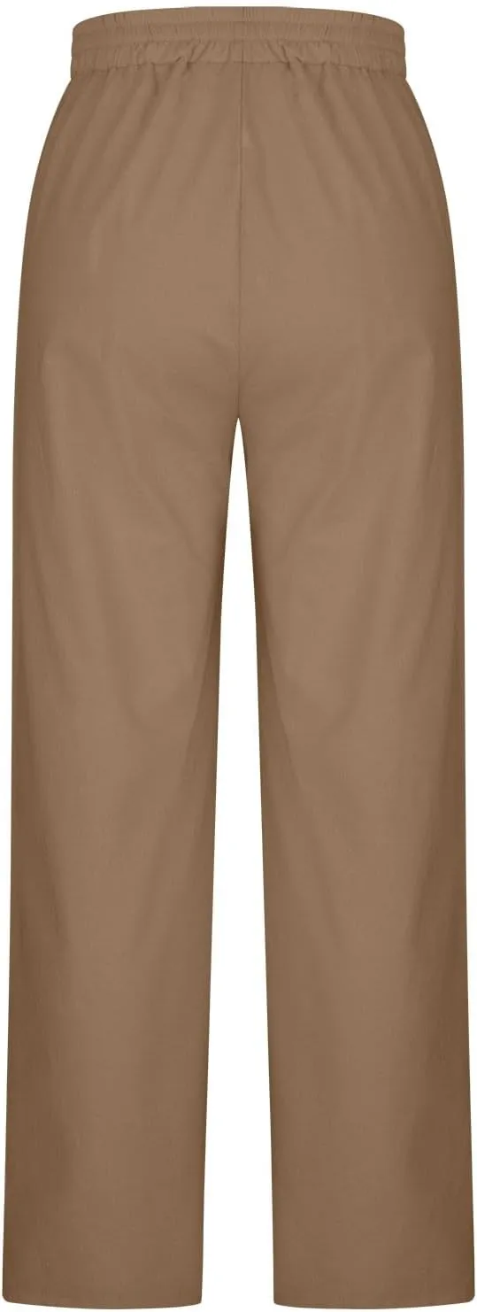 Womens Linen Pants Dressy Lightweight Drawstring High Waisted Pants Casual Lounge Pants Trousers with Pockets