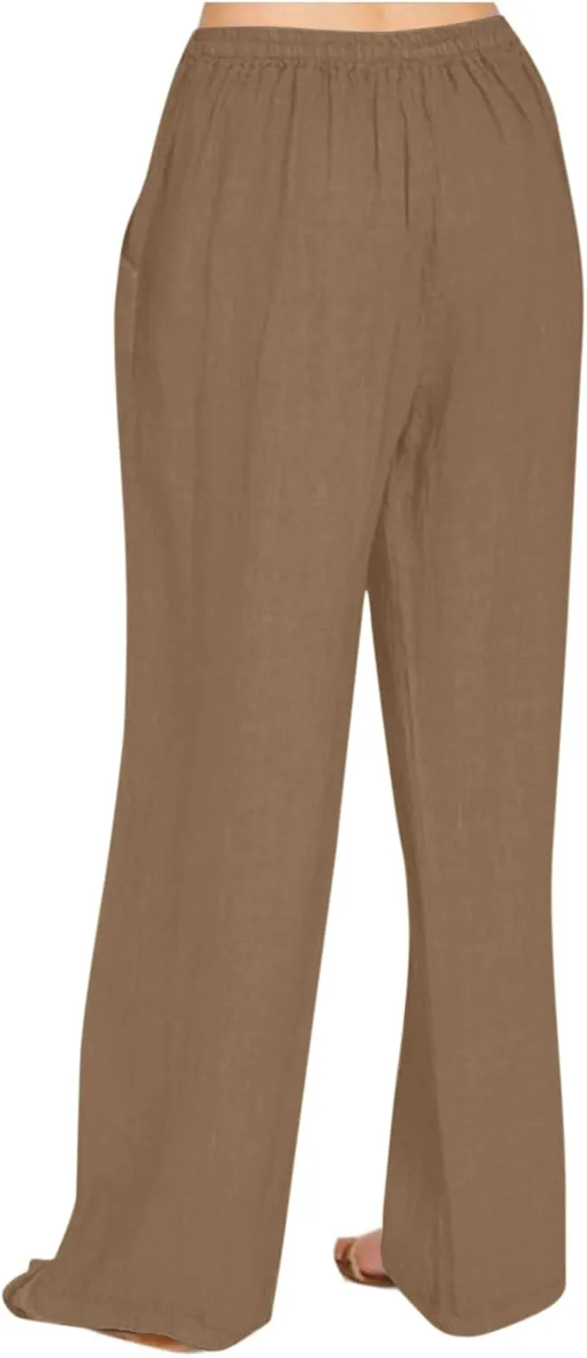 Womens Linen Pants Dressy Lightweight Drawstring High Waisted Pants Casual Lounge Pants Trousers with Pockets