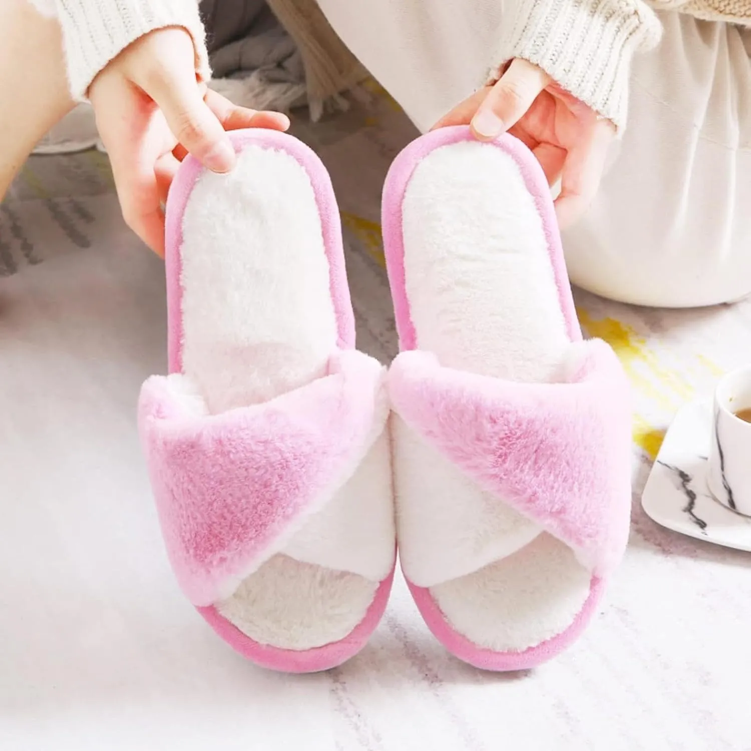 Women's Memory Foam Indoor Slippers Open Toe Lace up Slippers Plush Women's Outdoor Coral Plush Relax Winter