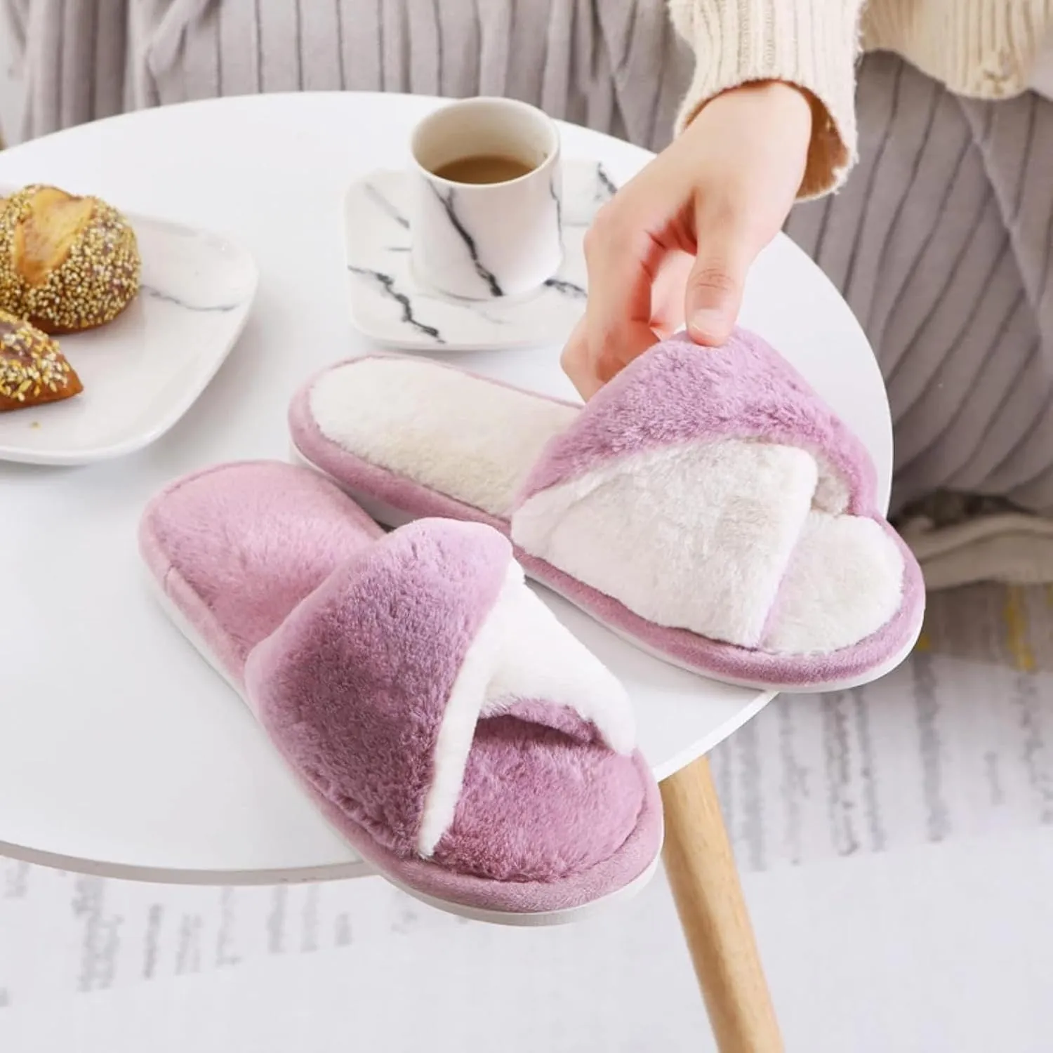 Women's Memory Foam Indoor Slippers Open Toe Lace up Slippers Plush Women's Outdoor Coral Plush Relax Winter