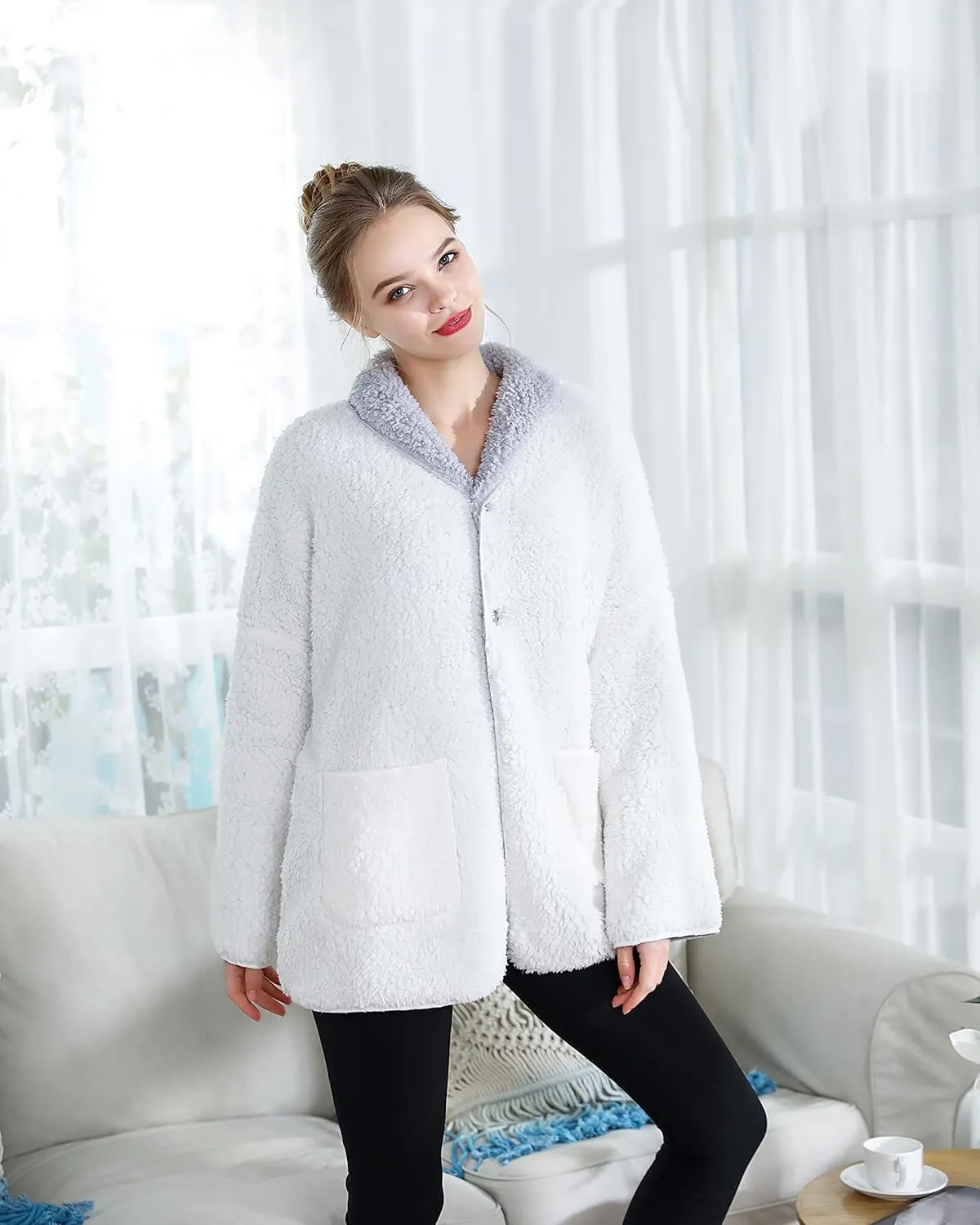 Women's Plus Denim Blue/Ivory Sherpa Plush Reversible Button Front Bed Jacket