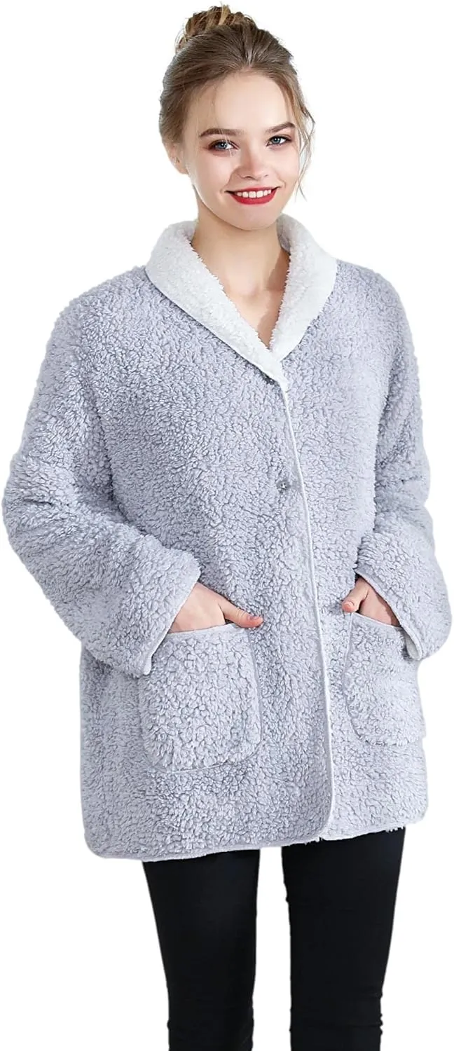 Women's Plus Denim Blue/Ivory Sherpa Plush Reversible Button Front Bed Jacket