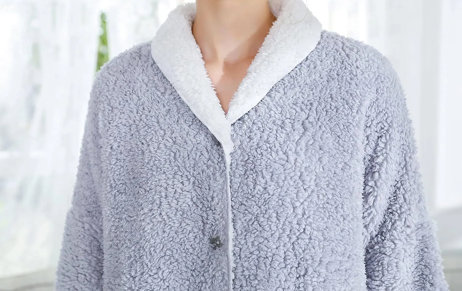 Women's Plus Denim Blue/Ivory Sherpa Plush Reversible Button Front Bed Jacket