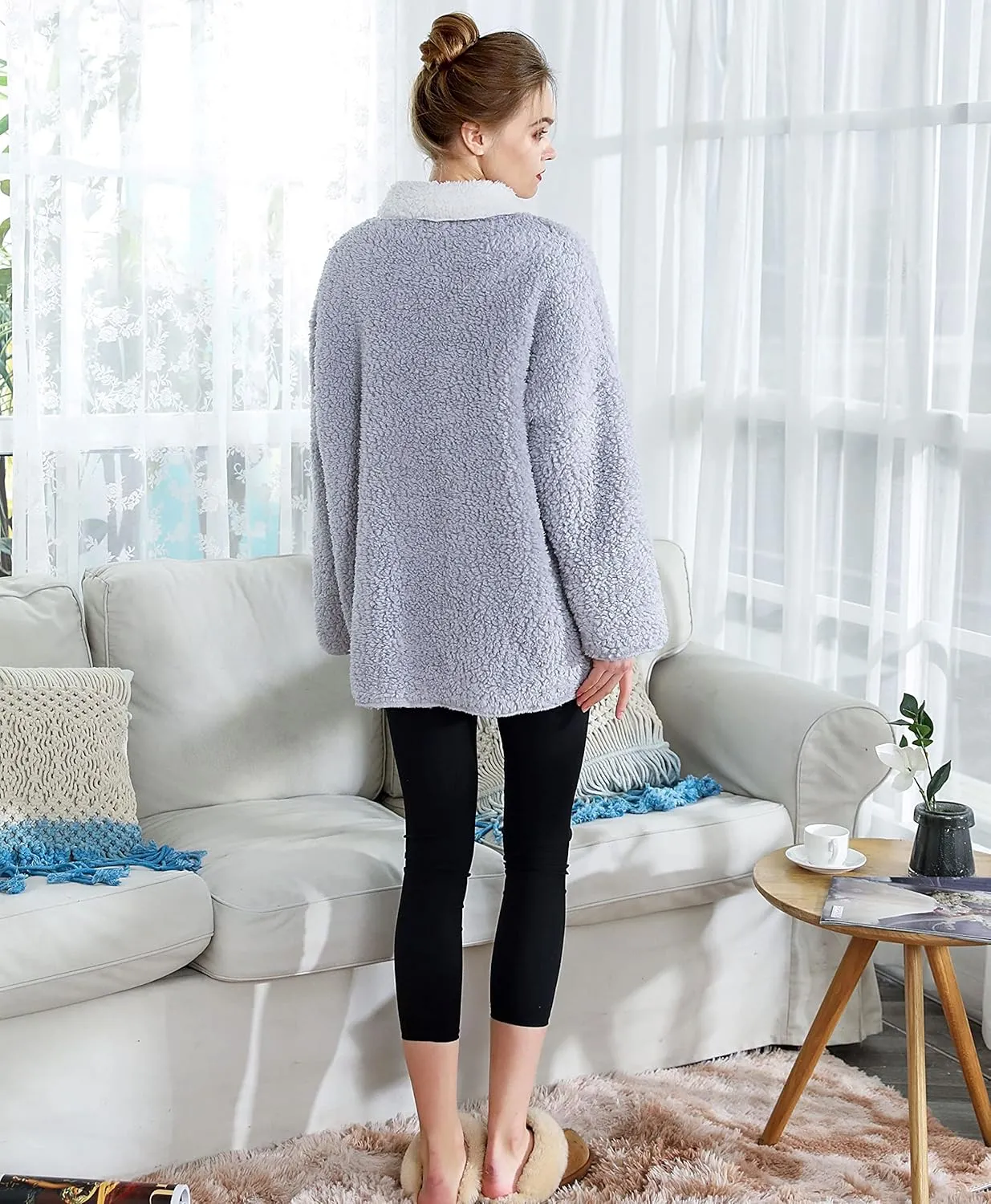 Women's Plus Denim Blue/Ivory Sherpa Plush Reversible Button Front Bed Jacket