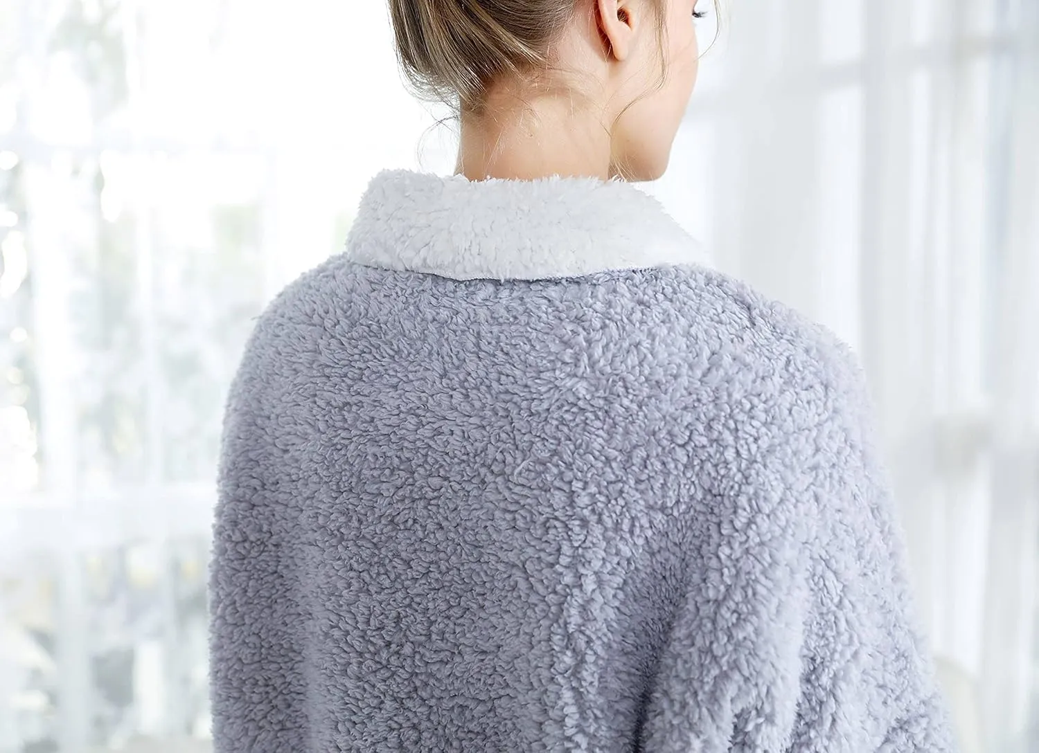 Women's Plus Denim Blue/Ivory Sherpa Plush Reversible Button Front Bed Jacket