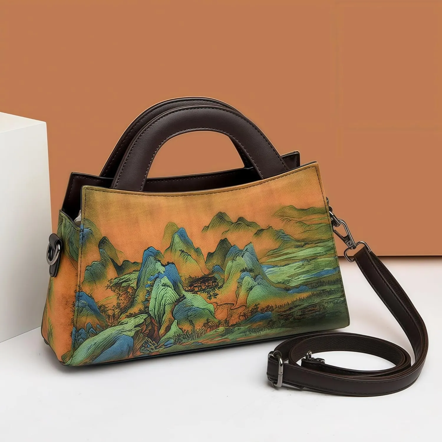 Women's Retro Ethnic Faux Leather Crossbody Bag Chic Printing Hanfu and Cheongsam Style Handbag for Travel Casual Party work