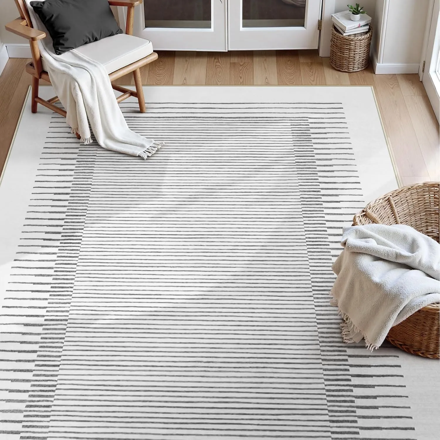 Wonnitar 5x7 Washable Striped Living Room Area Rug, Non-Slip Grey Boho Rugs for Bedroom, Low Pile Soft Minimalist Floor Carpets for Dining Room Home Office (Grey,5' x 7')