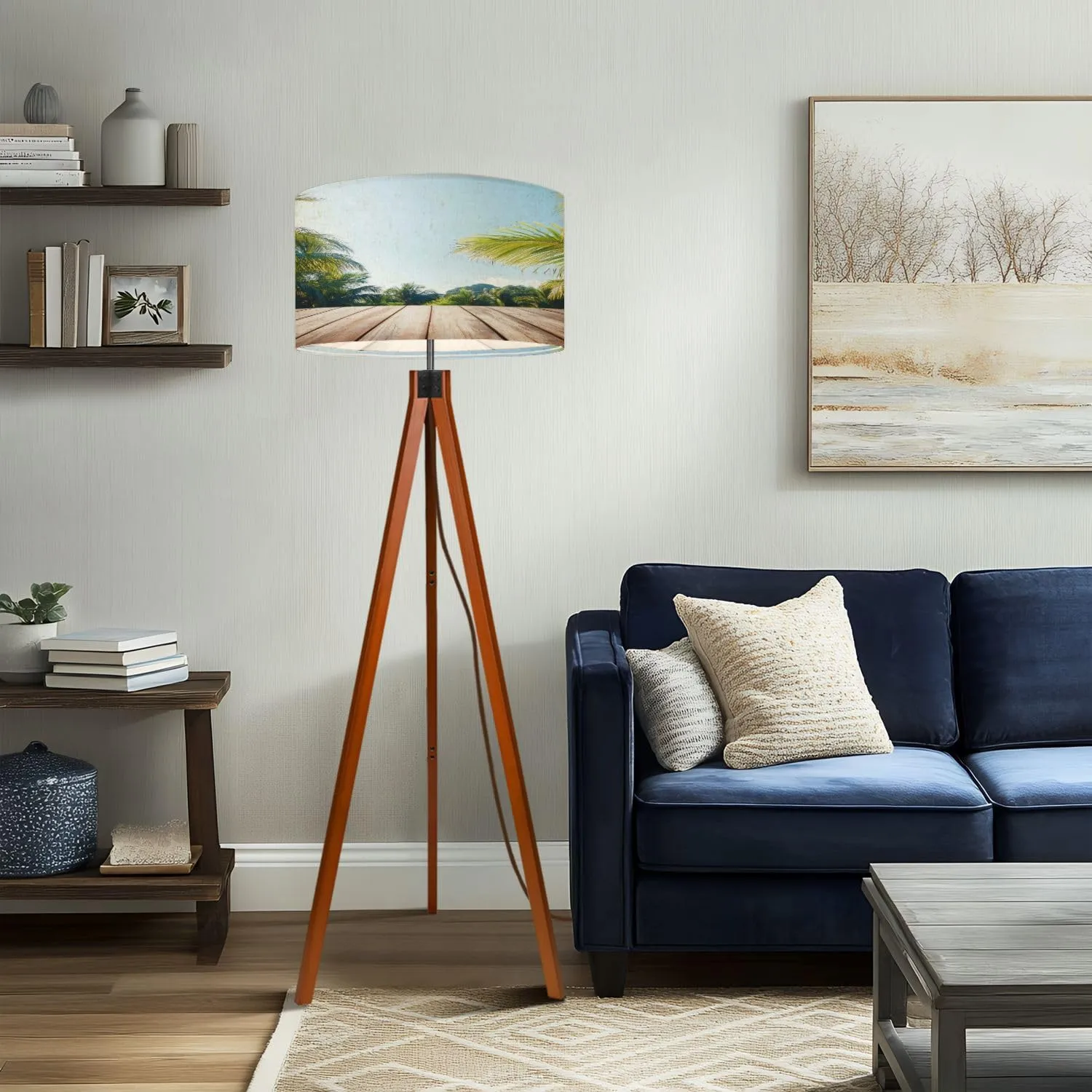 Wood Tripod Floor Lamp for Bedroom, Modern Wooden Table top Coconut Tree Leaves Clear Light Blue Sky Reading Standing Lamp, Mid Century Night Light for Study Room Living Room Office