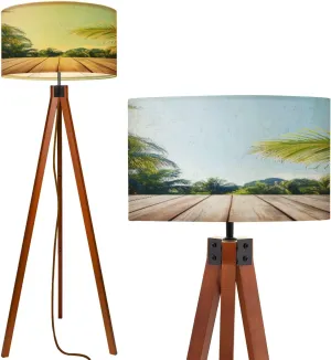 Wood Tripod Floor Lamp for Bedroom, Modern Wooden Table top Coconut Tree Leaves Clear Light Blue Sky Reading Standing Lamp, Mid Century Night Light for Study Room Living Room Office