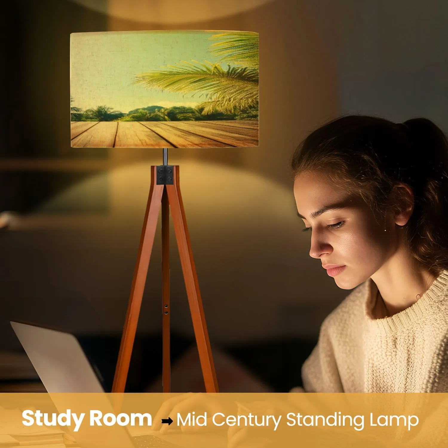 Wood Tripod Floor Lamp for Bedroom, Modern Wooden Table top Coconut Tree Leaves Clear Light Blue Sky Reading Standing Lamp, Mid Century Night Light for Study Room Living Room Office
