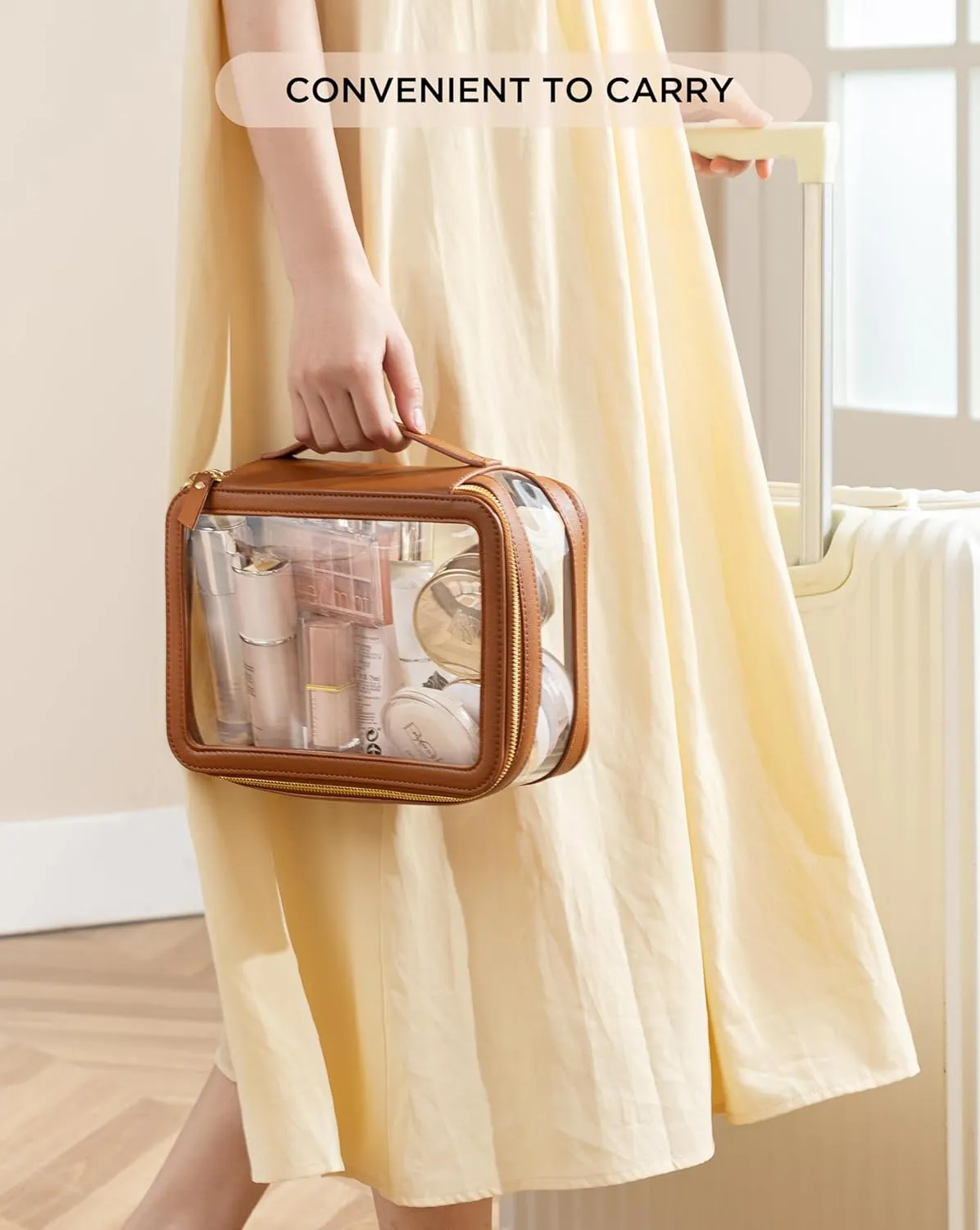 X-Large Clear Makeup Bag for Women, Portable Travel Makeup Bag Organizer Waterproof Toiletry Bag Cute Makeup Bags Cosmetic Bag Makeup Pouch, Brown