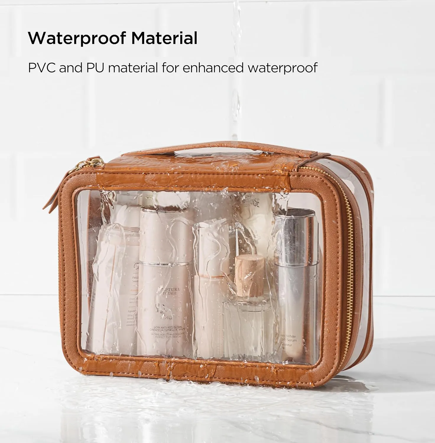 X-Large Clear Makeup Bag for Women, Portable Travel Makeup Bag Organizer Waterproof Toiletry Bag Cute Makeup Bags Cosmetic Bag Makeup Pouch, Brown