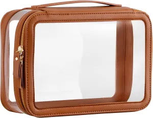 X-Large Clear Makeup Bag for Women, Portable Travel Makeup Bag Organizer Waterproof Toiletry Bag Cute Makeup Bags Cosmetic Bag Makeup Pouch, Brown