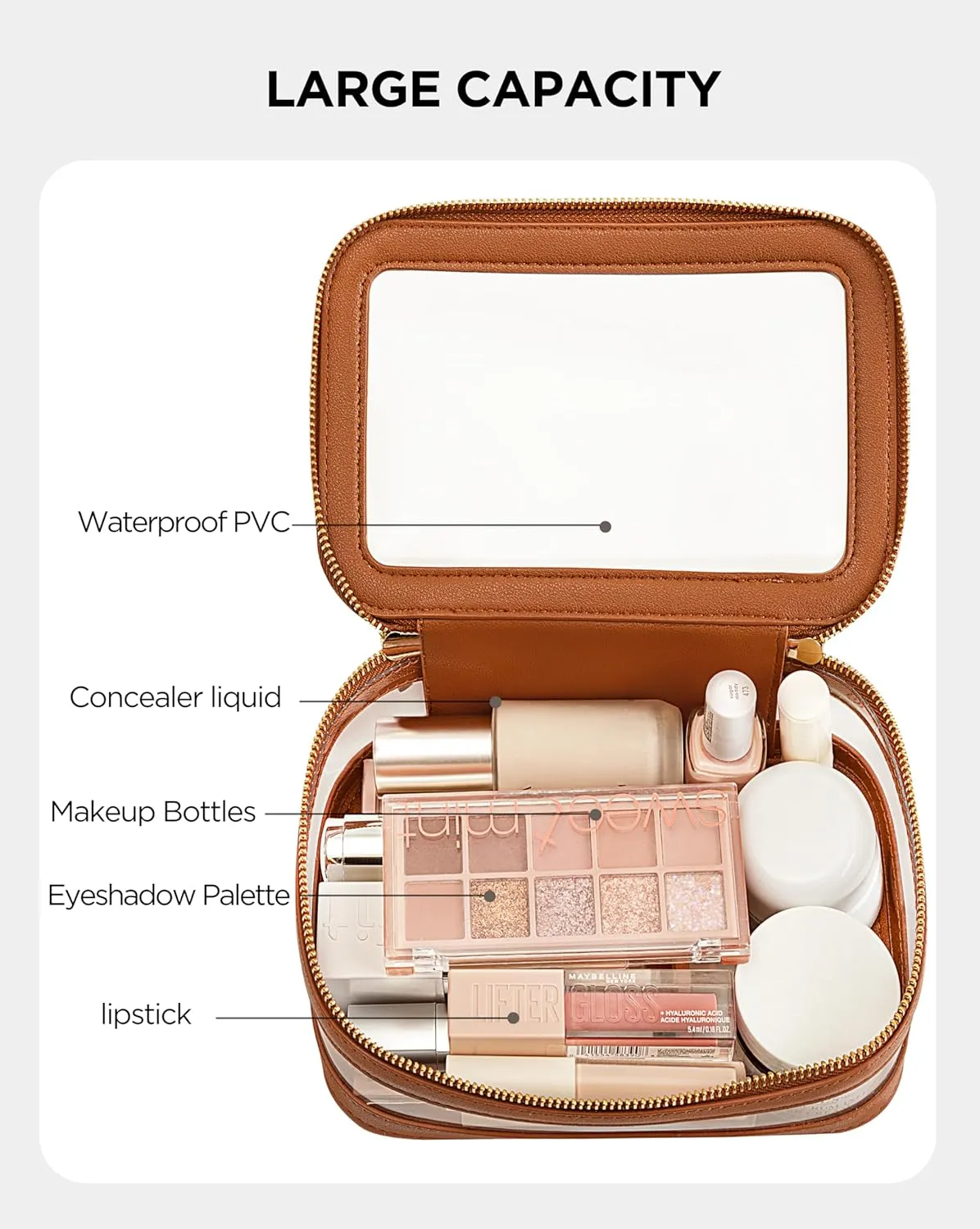 X-Large Clear Makeup Bag for Women, Portable Travel Makeup Bag Organizer Waterproof Toiletry Bag Cute Makeup Bags Cosmetic Bag Makeup Pouch, Brown