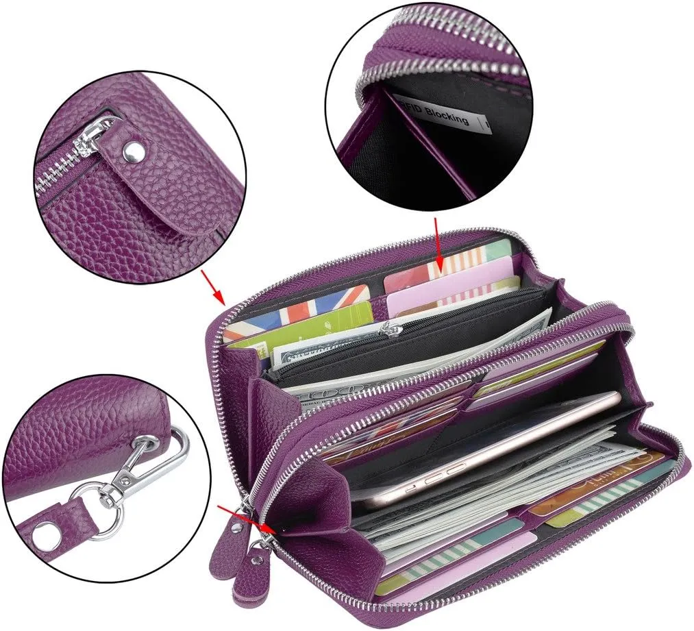 YALUXE Real Leather Zip Around Wallet RFID Blocking Wristlet Handbag Purse Clutch with Double Zipper Pockets