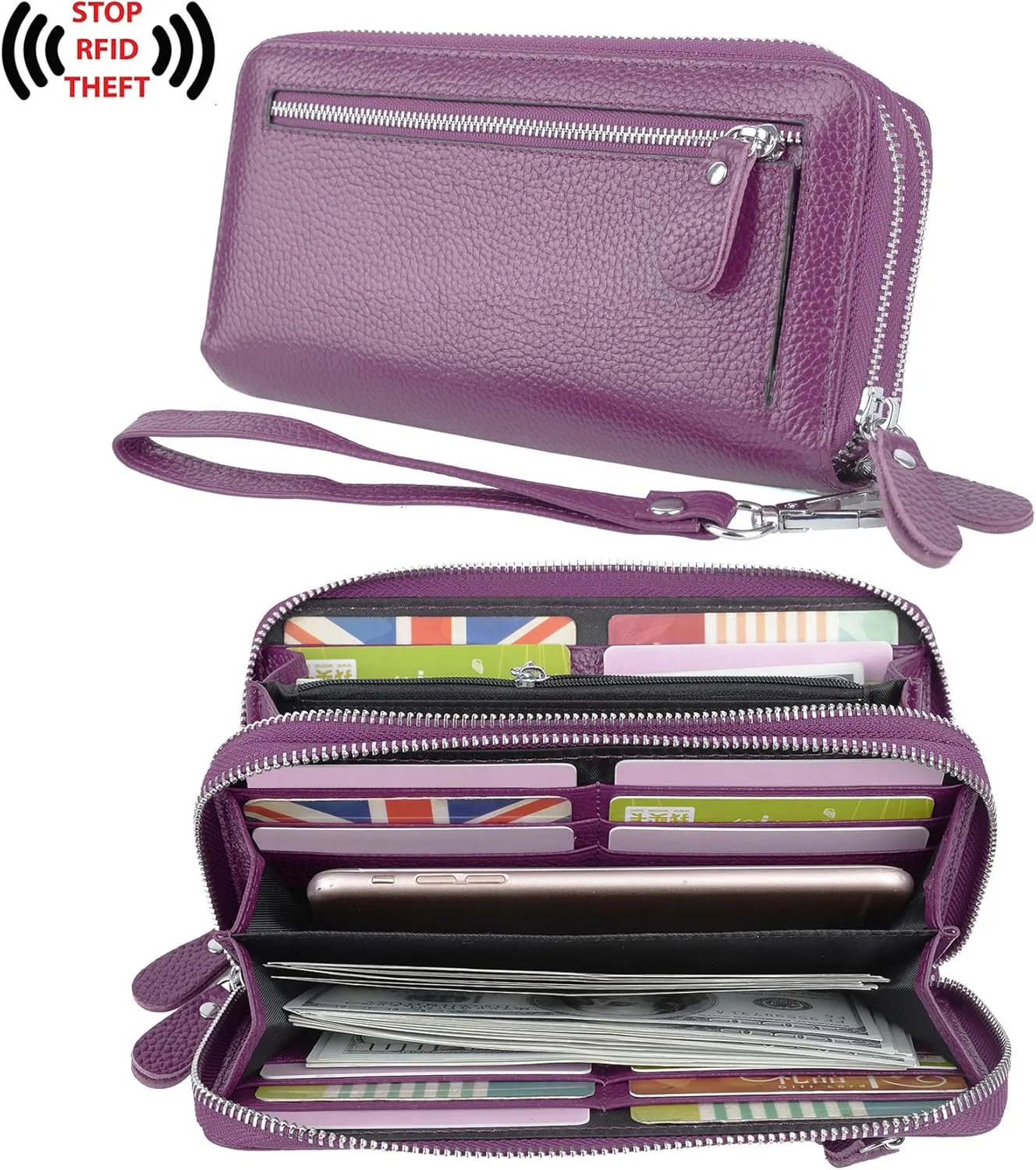 YALUXE Real Leather Zip Around Wallet RFID Blocking Wristlet Handbag Purse Clutch with Double Zipper Pockets