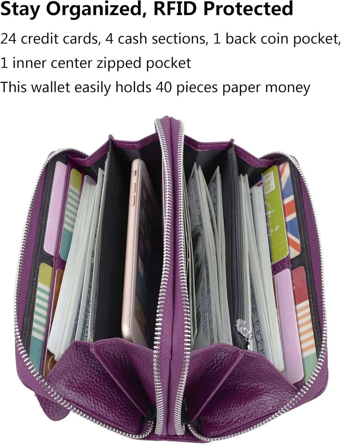 YALUXE Real Leather Zip Around Wallet RFID Blocking Wristlet Handbag Purse Clutch with Double Zipper Pockets