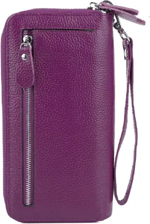 YALUXE Real Leather Zip Around Wallet RFID Blocking Wristlet Handbag Purse Clutch with Double Zipper Pockets