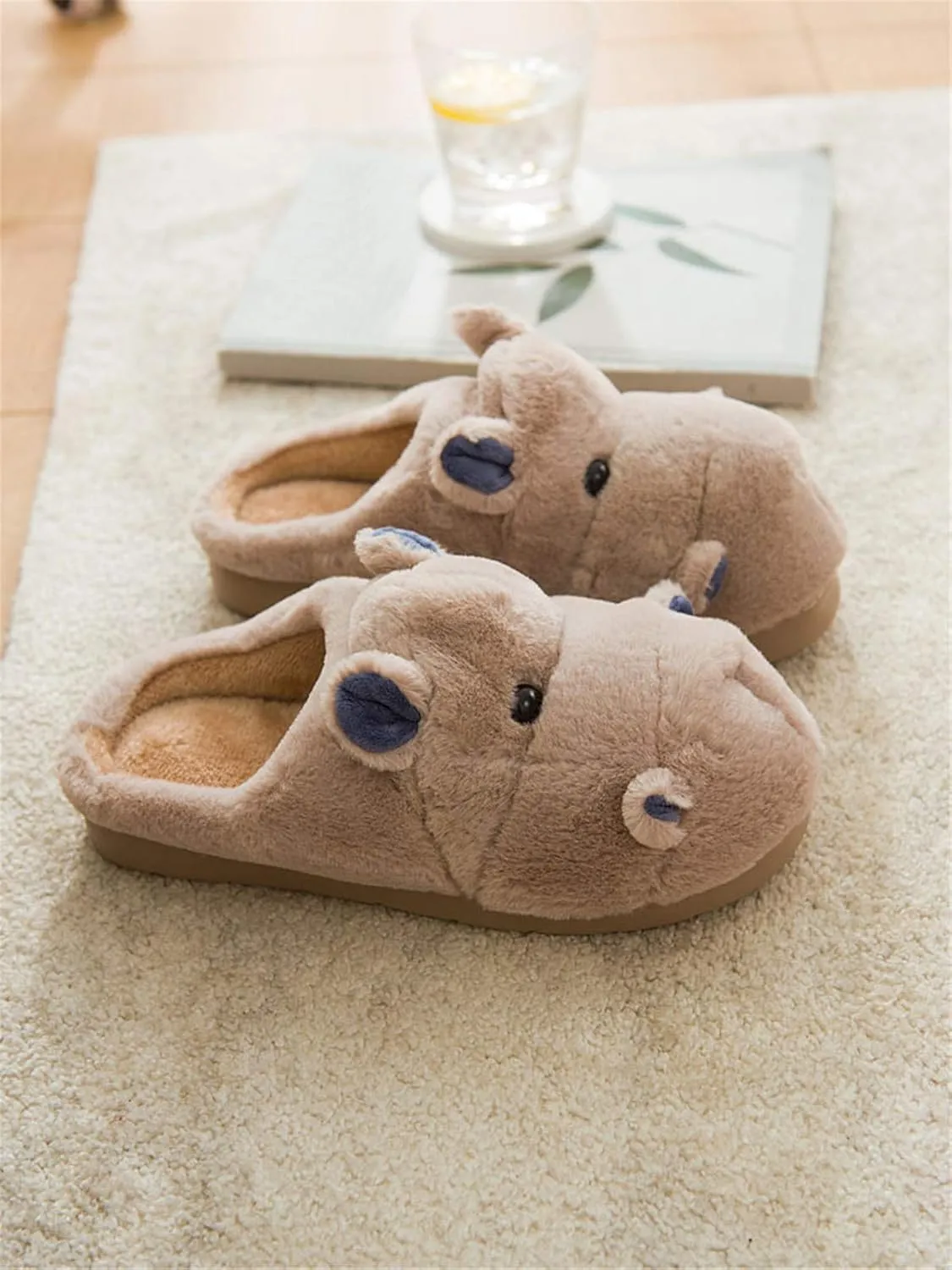 YILANLAN Women's Cartoon Animal Hippo Slippers - Winter Warm Furry Cute Home Slippers