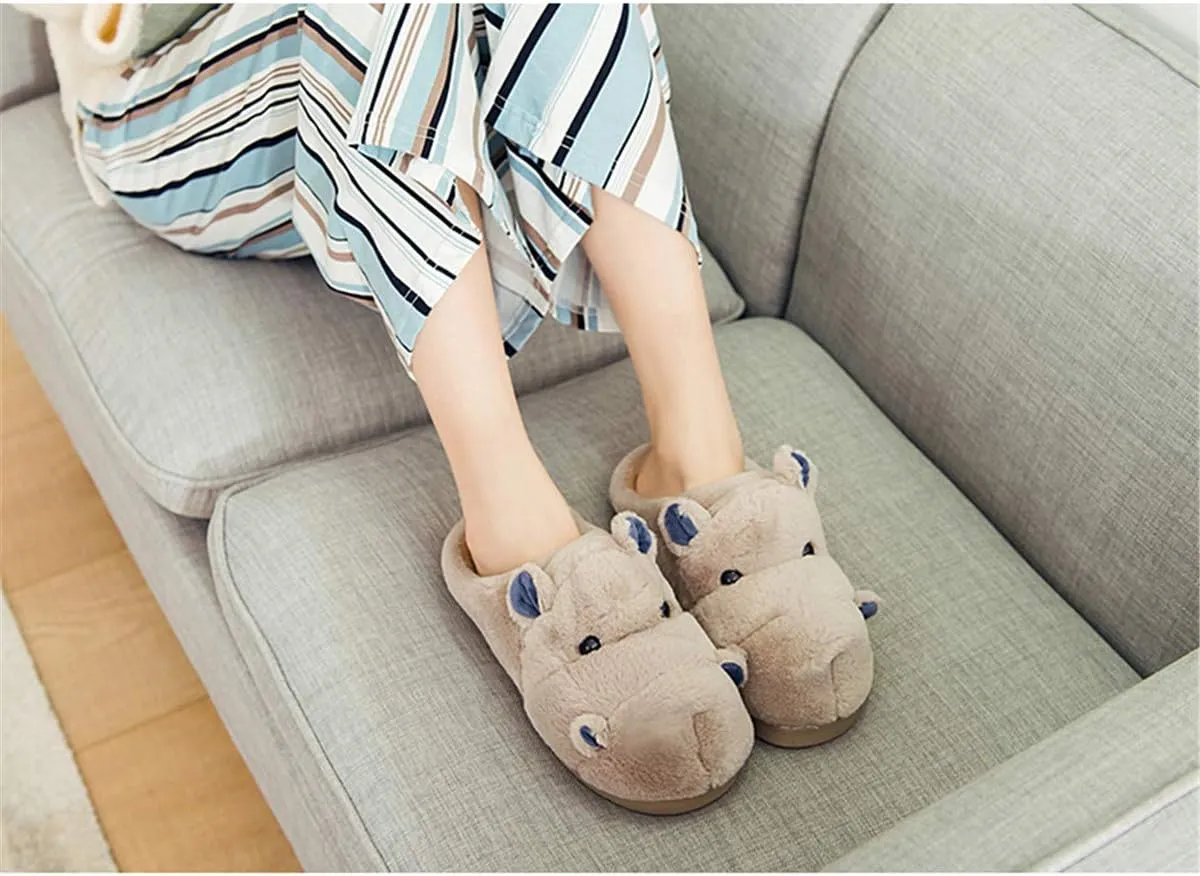 YILANLAN Women's Cartoon Animal Hippo Slippers - Winter Warm Furry Cute Home Slippers