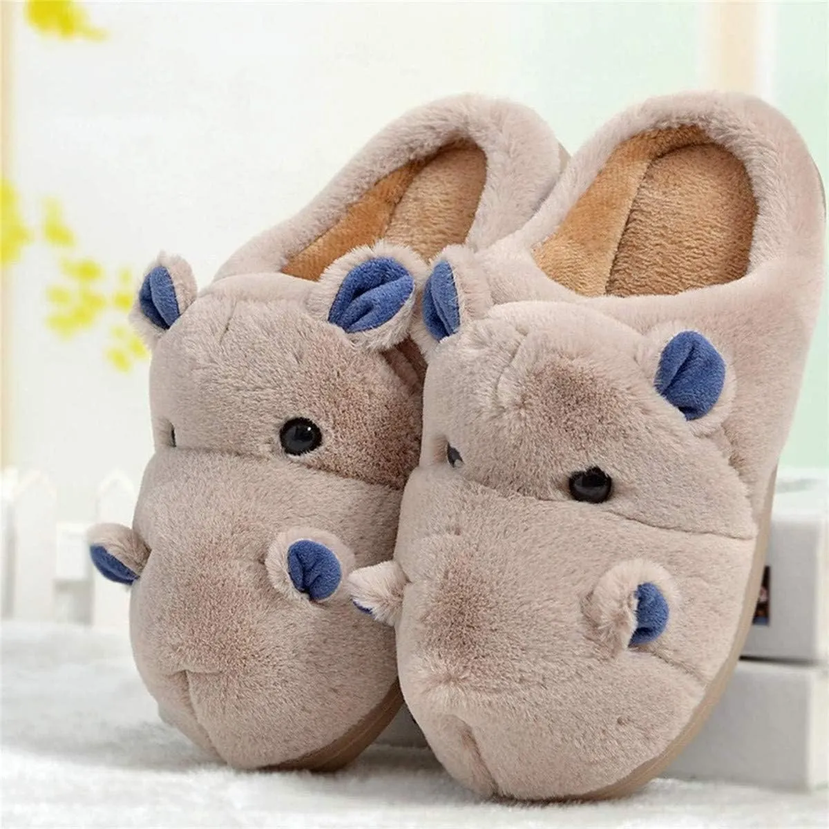 YILANLAN Women's Cartoon Animal Hippo Slippers - Winter Warm Furry Cute Home Slippers