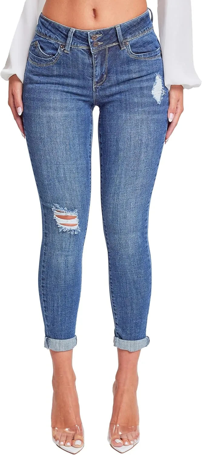 YMI Women's Junior Wannabettabutt 2 Button Cuffed Ankle Jean