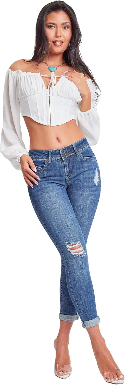 YMI Women's Junior Wannabettabutt 2 Button Cuffed Ankle Jean