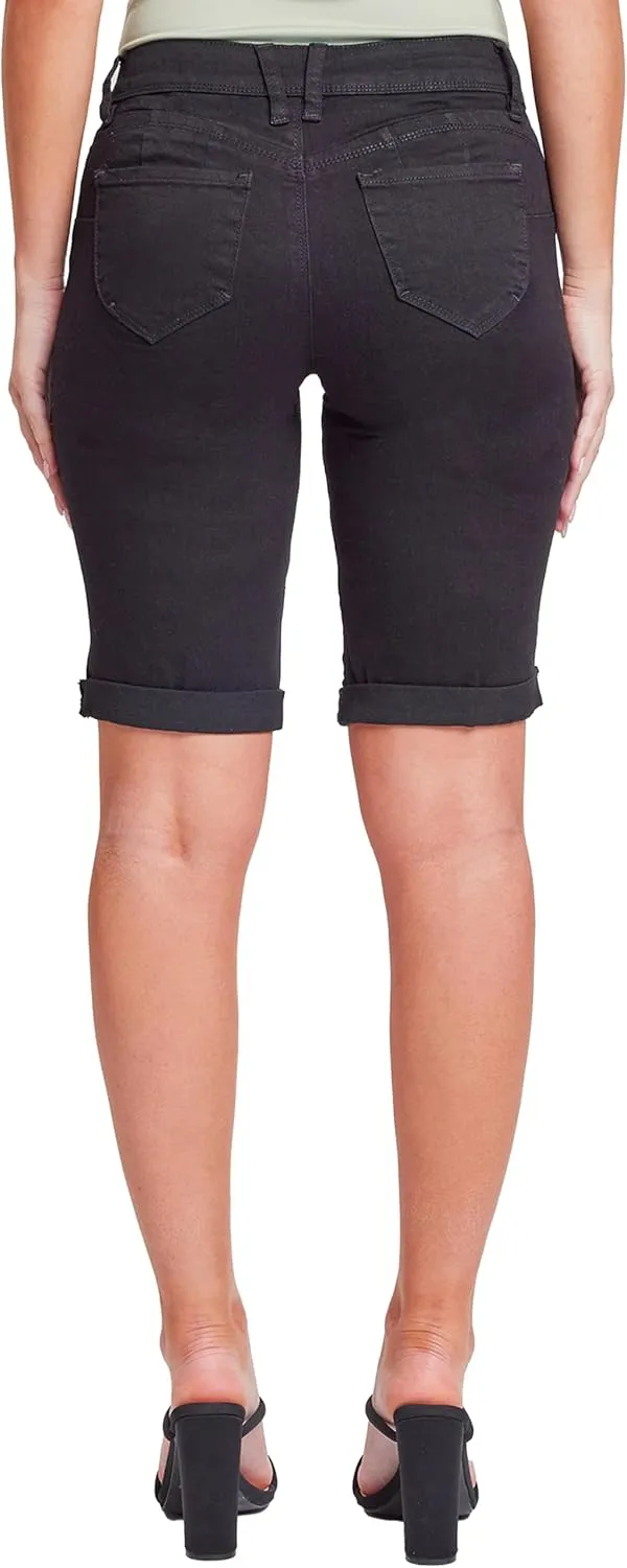YMI Women's Junior Wannabettabutt Cuffed Rise Bermuda Mid Length Denim Shorts